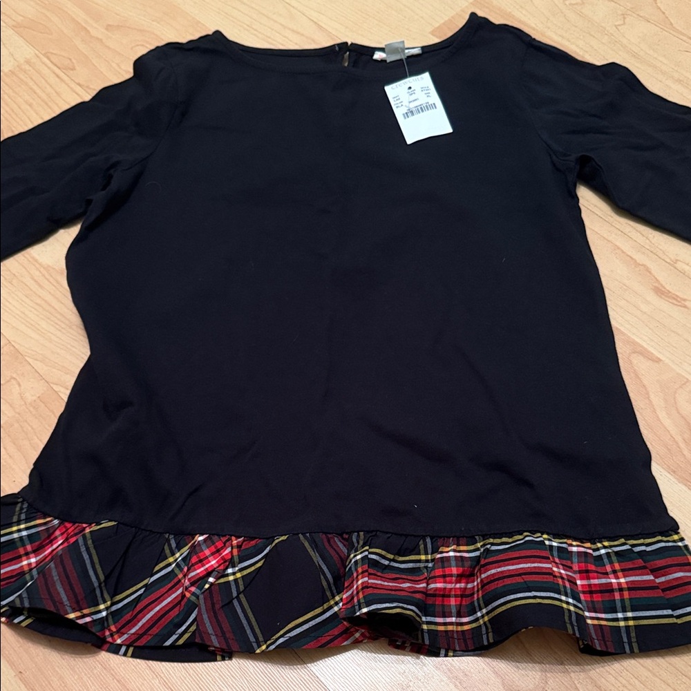Crewcuts Black Long Sleeve Top with Red & Green Plaid Ruffle Hem